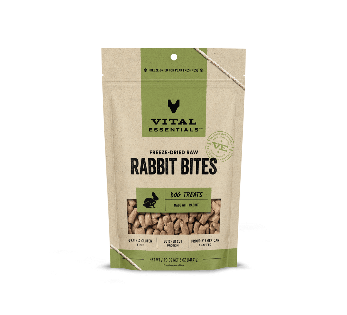 Vital Essentials freeze dried single protein rabbit bites, a nutrient rich high value training treat that supports canine oral health 5oz