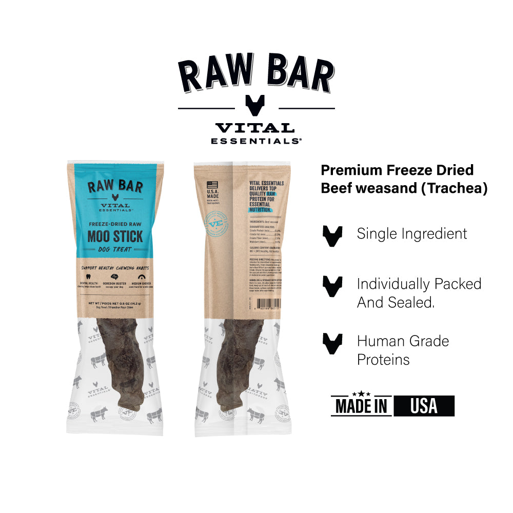 Vital Essentials freeze-dried raw bar moo stick dog snack for premium pet dental and muscle support.