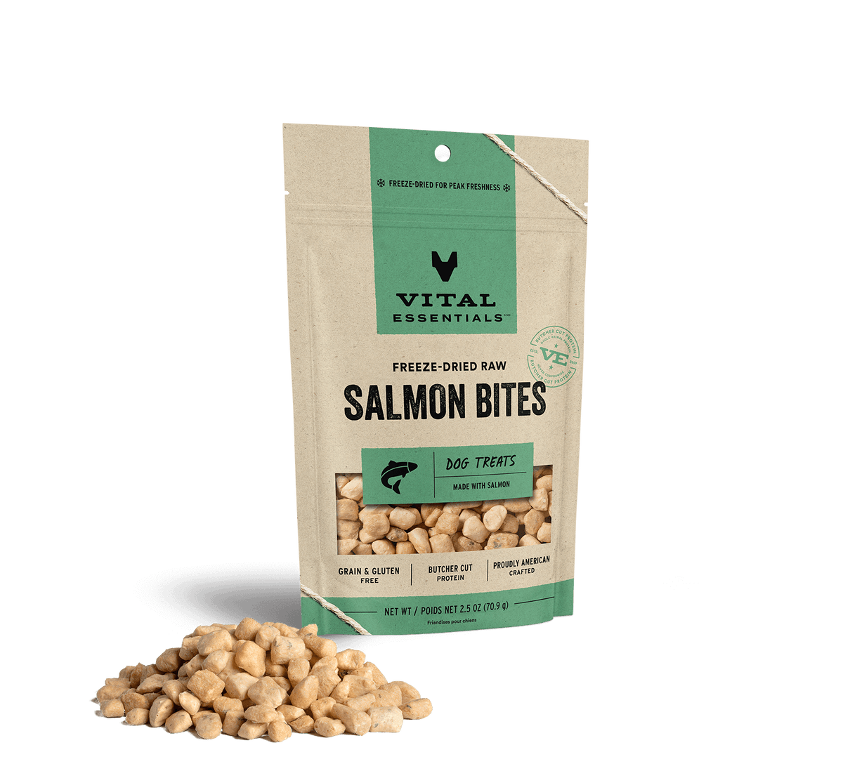 Vital Essentials freeze dried single protein salmon bites build strong muscles and support digestive wellness during active play 2oz