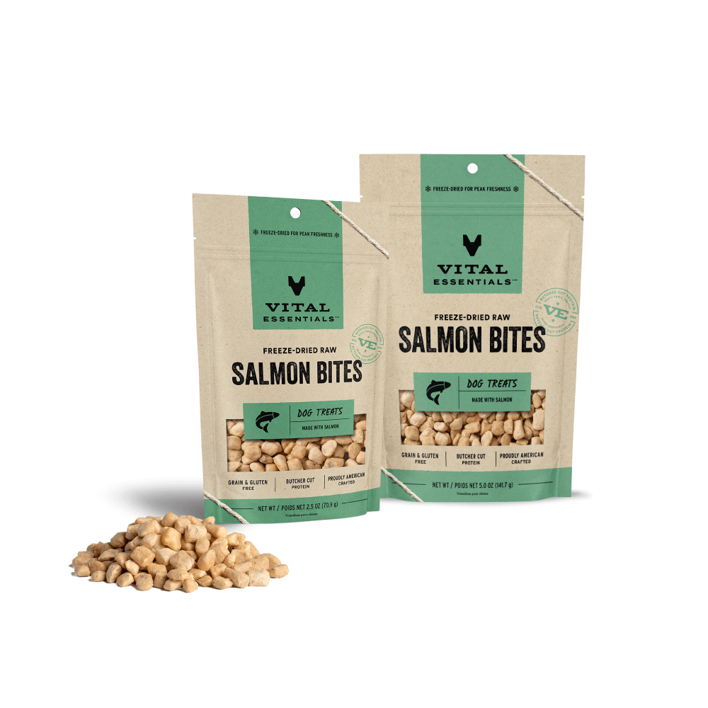 Vital Essentials freeze dried single protein salmon bites build strong muscles and support digestive wellness during active play 2.oz and 5 oz