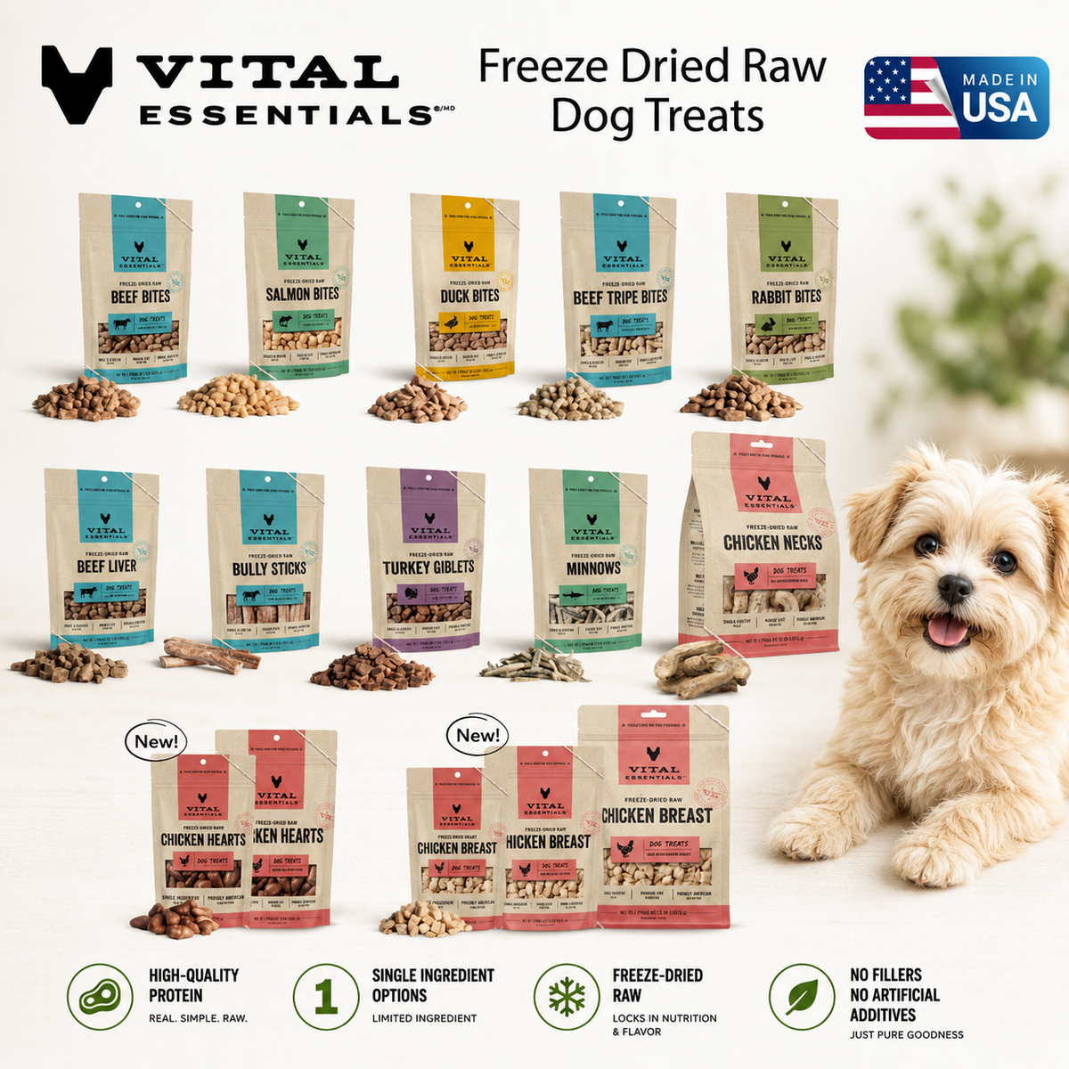 Vital Essentials freeze dried single protein bites, a nutrient rich high value training treat that supports canine oral health.