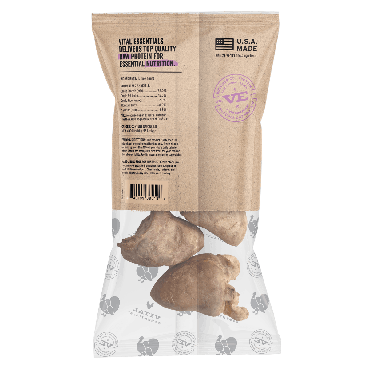 Vital Essentials freeze dried raw bar turkey hearts packaging, a taurine rich single ingredient organ treat for dogs