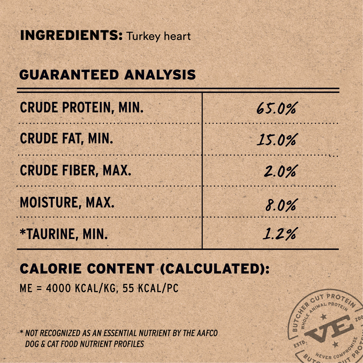 Vital Essentials freeze dried raw bar turkey hearts packaging, a taurine rich single ingredient organ treat for dogs