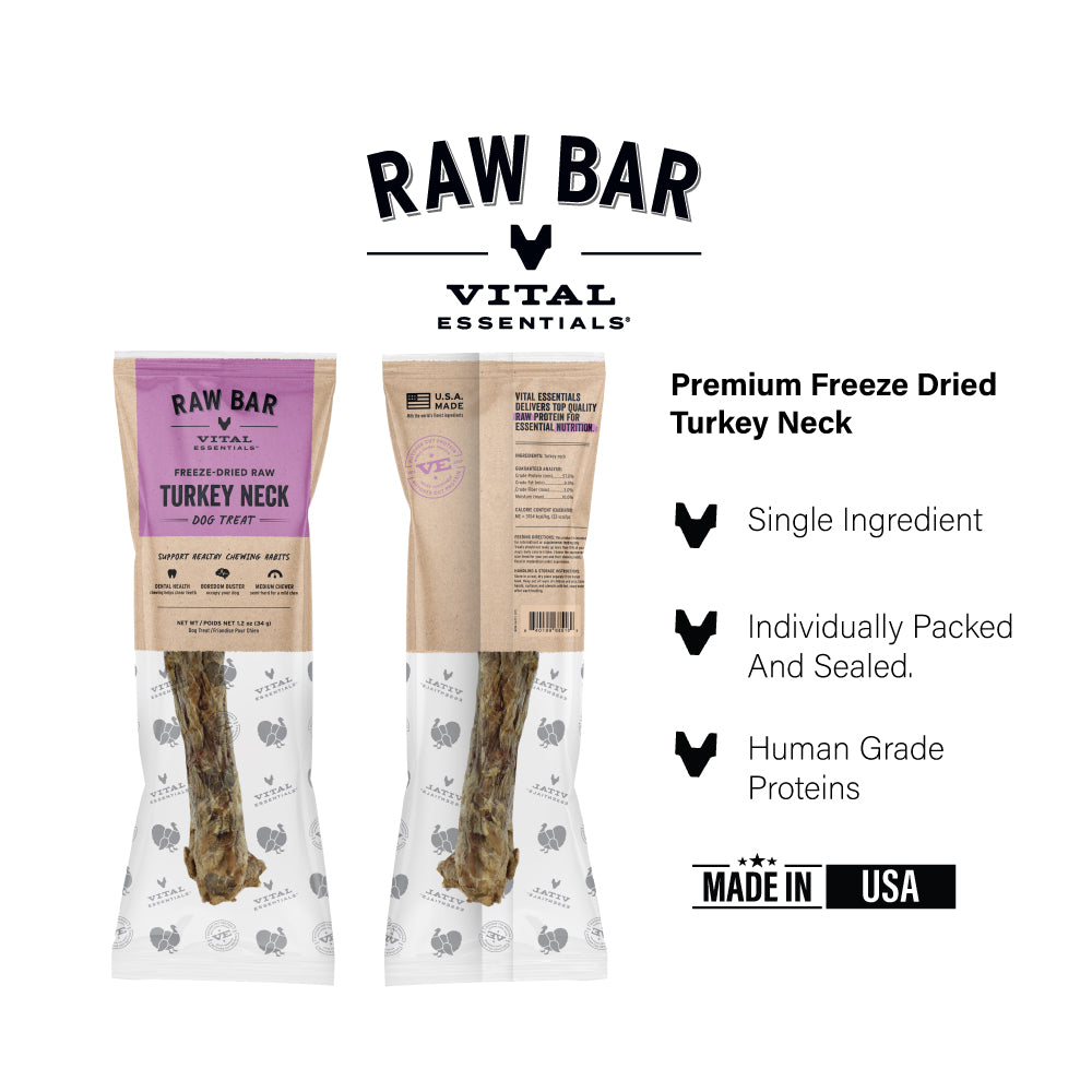 Vital Essentials premium single ingredient freeze-dried raw turkey neck chew for dogs.