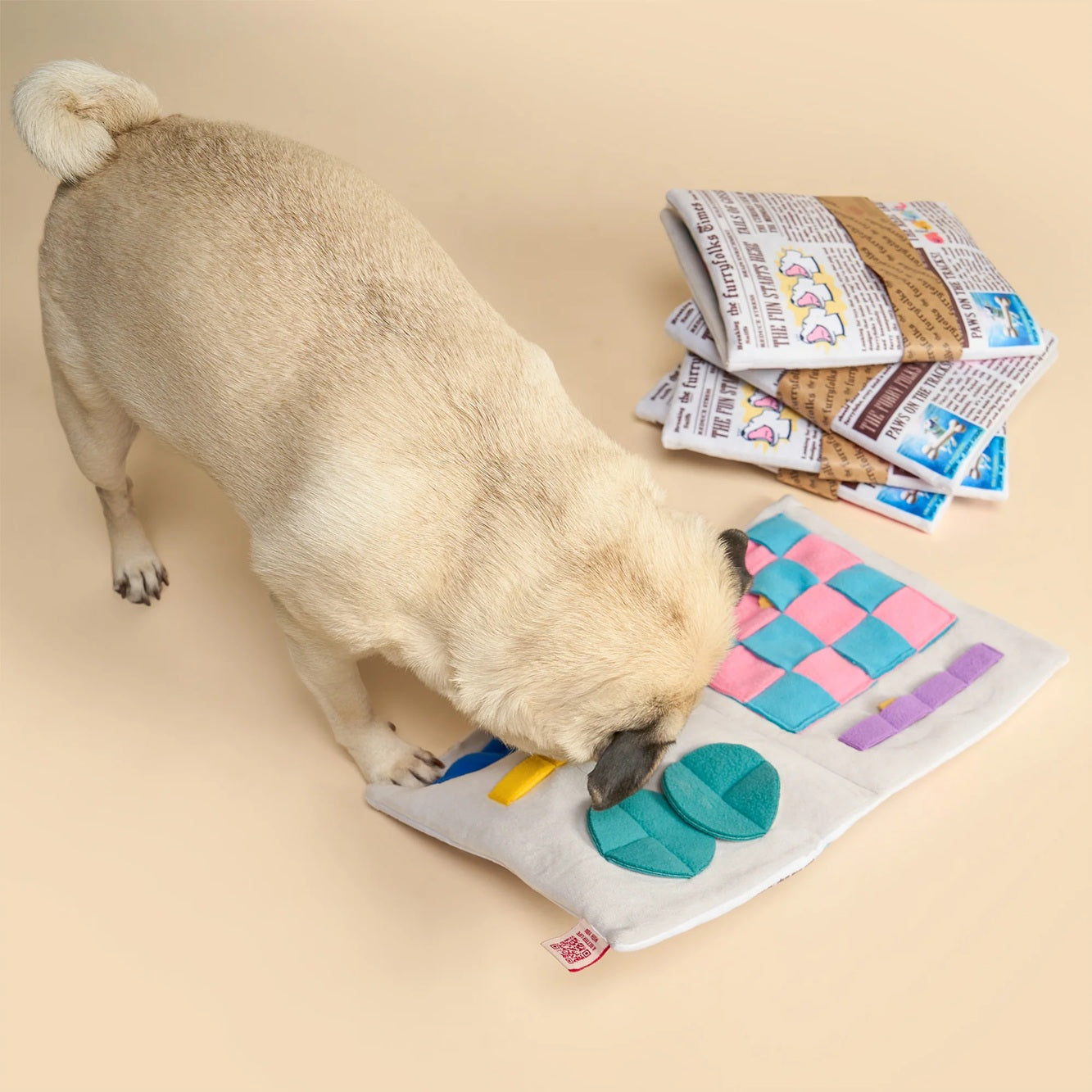 Squeaky newspaper-shaped soft toy for dogs, designed for interactive sniffing and treat hunting.