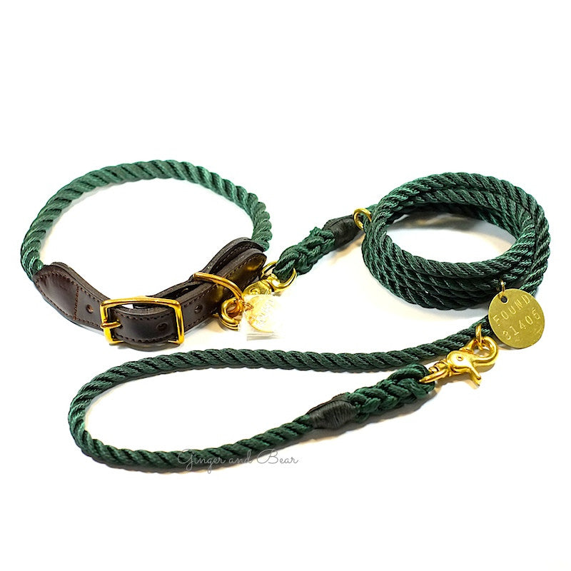 Rope and Leather Dog Collar, Hunter Green