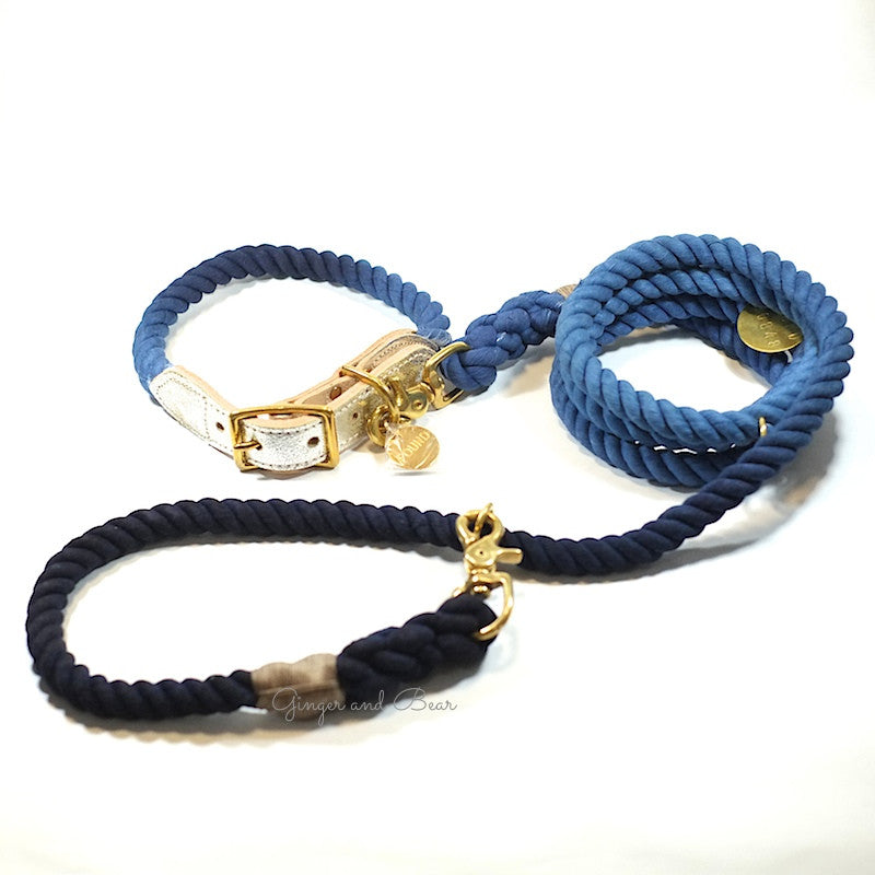 Rope and Leather Dog Collar, Blue Ombre with Metallic Leather
