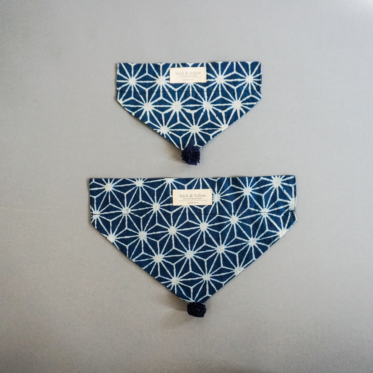 Fetch And Follow Indigo Block Printed Neckerchief Geo Flower with PomPom