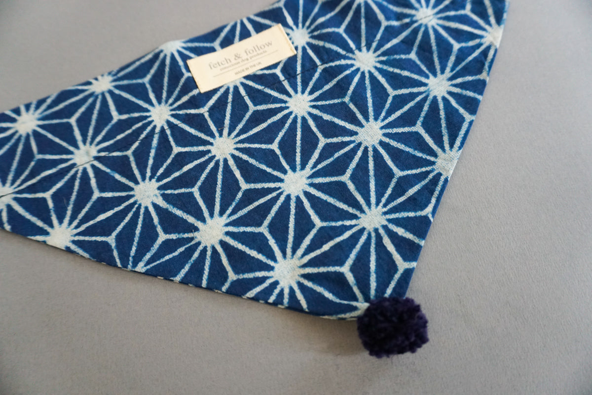 Fetch And Follow Indigo Block Printed Neckerchief Geo Flower with PomPom