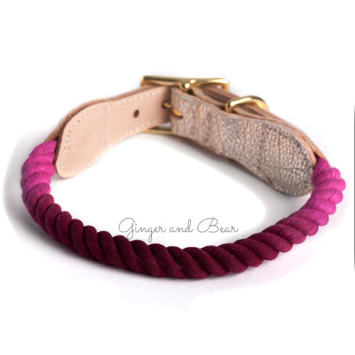 Rope and Leather Dog Collar, Maroon Ombre with Metallic Leather