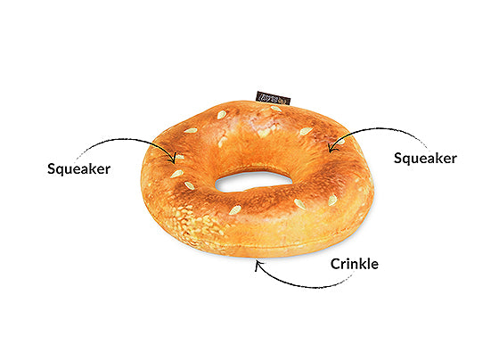 P.L.A.Y. Montreal Munchies Squeaky Plush Dog toys, Montreal Bagel