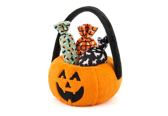 P.L.A.Y. Halloween Pumpkin Basket with Candies Plush Dog Toy
