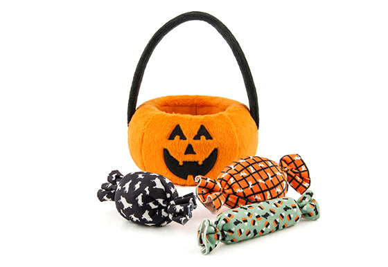 P.L.A.Y. Halloween Pumpkin Basket with Candies Plush Dog Toy