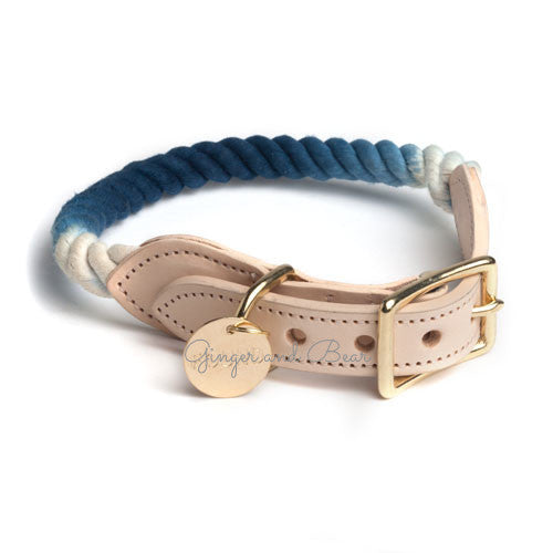 Rope and Leather Collar for Dogs and Cats, Indigo