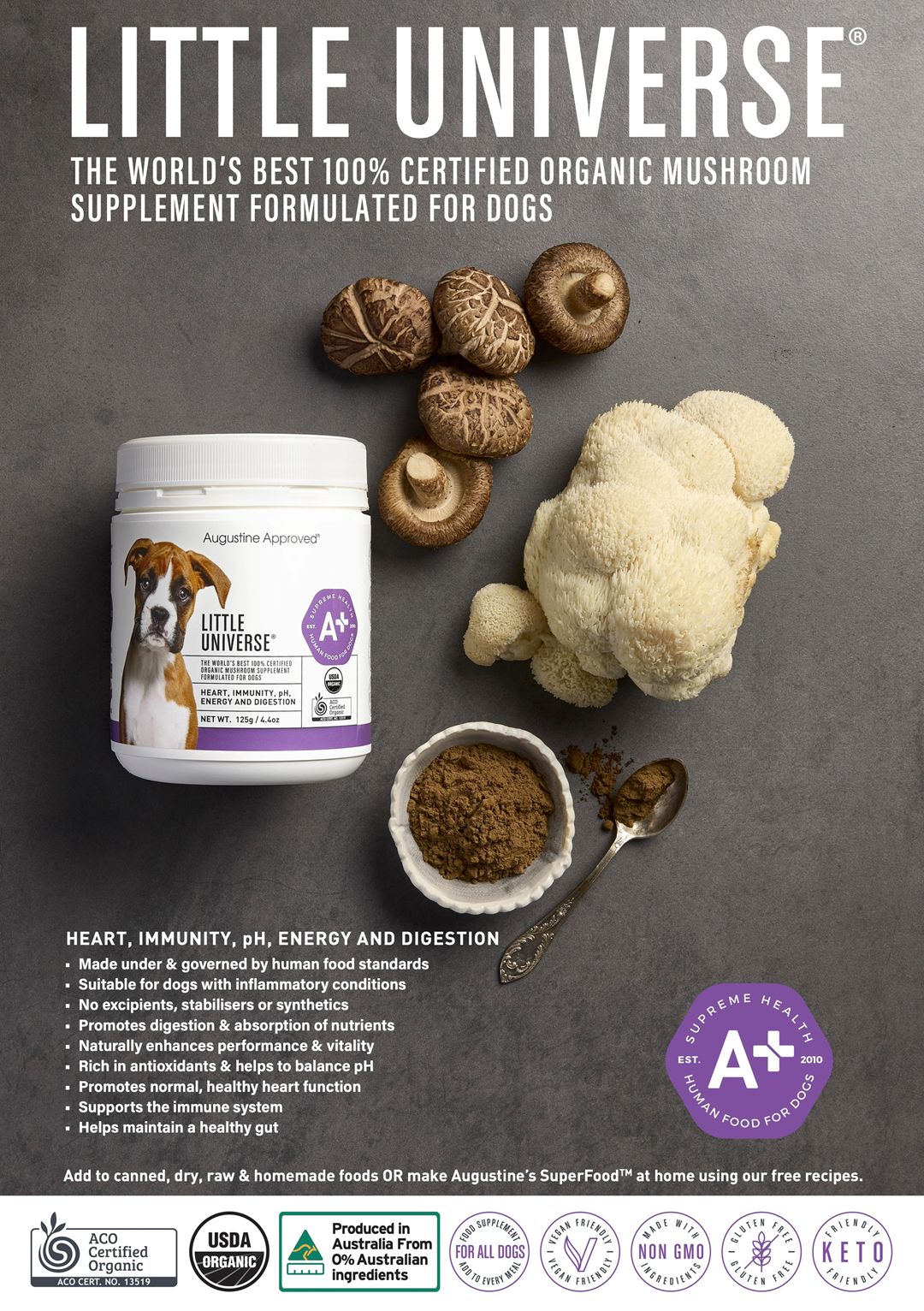 Augustine Approved Organic Mushroom Supplement for Dogs and Cats, Little Universe