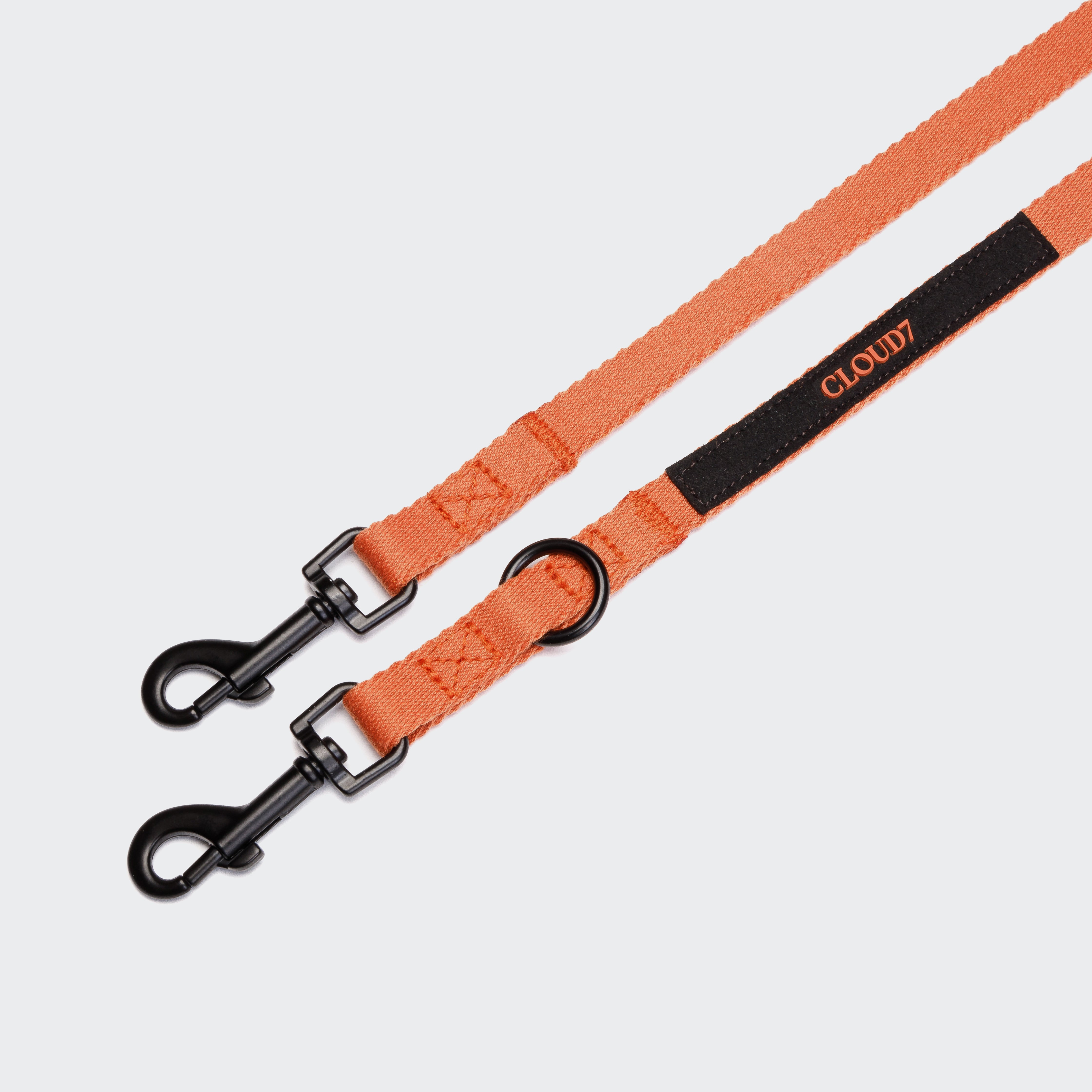 Cloud7 Holly Park adjustable dog leash in vibrant orange with matte black metal clips.