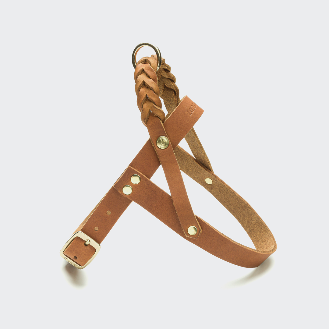 Cloud7: Central Park Leather Dog Harness, Camel with Gold Hardware