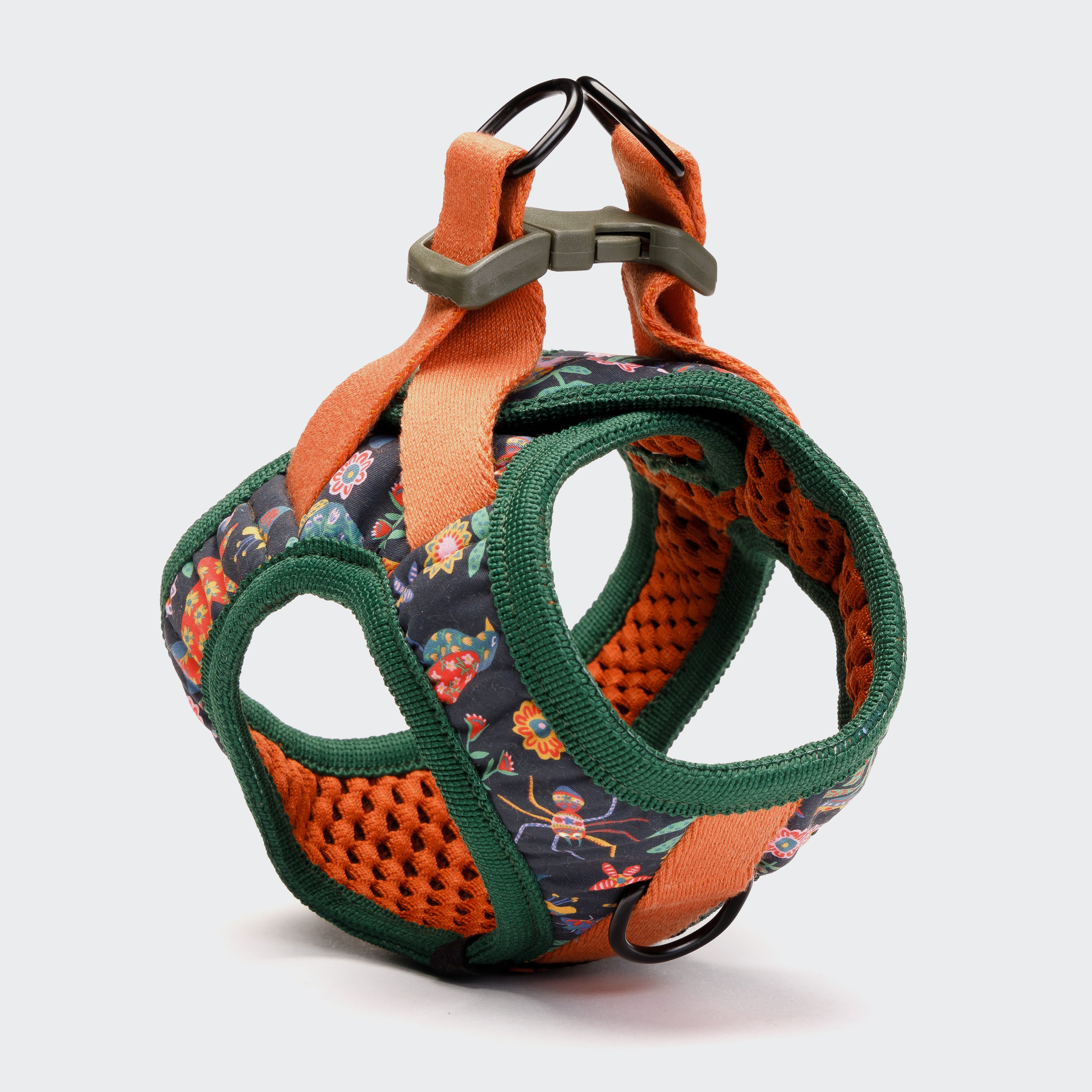 Cloud7 Holly Park step-in dog harness featuring Liberty London floral animal print and orange mesh lining.