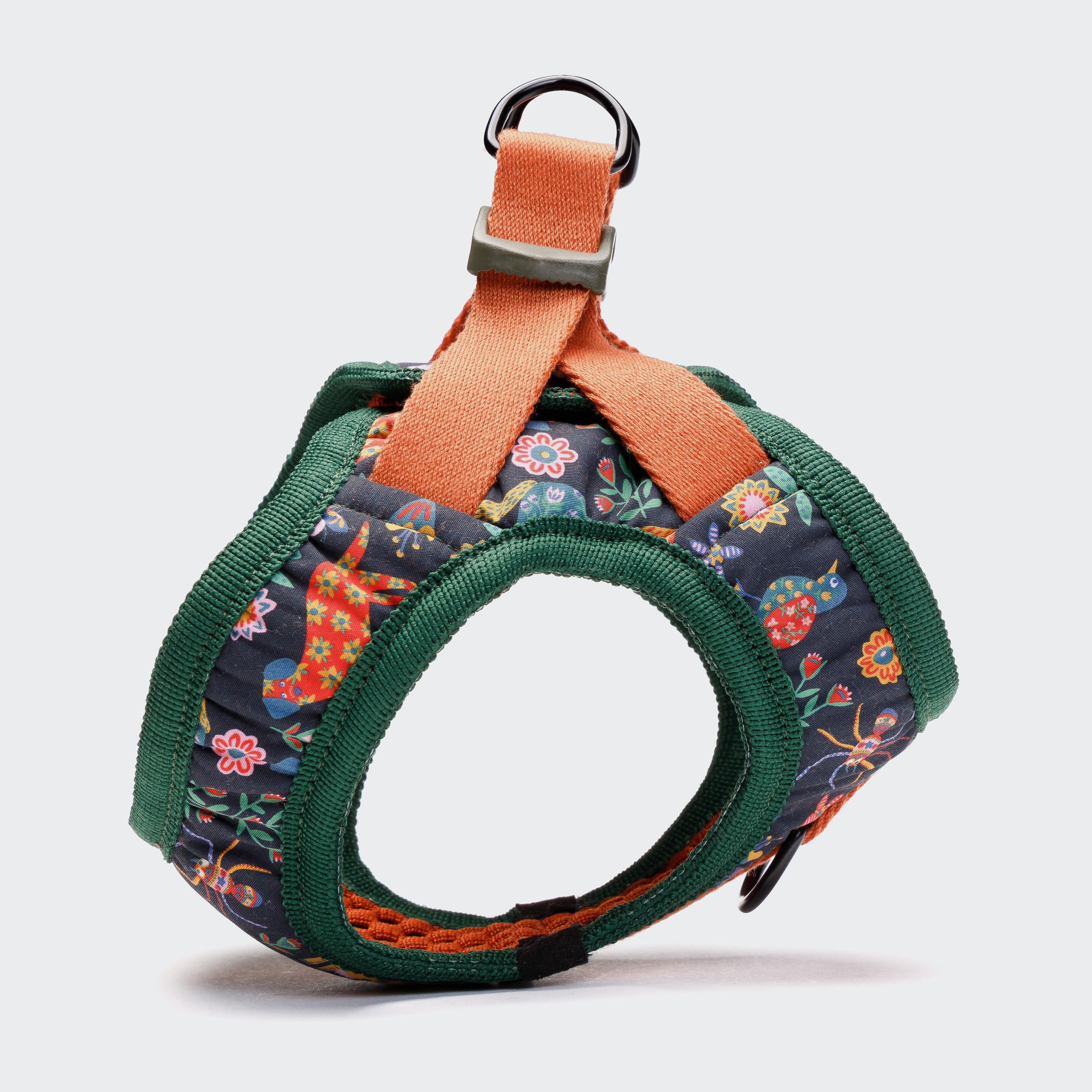 Cloud7 Holly Park step-in dog harness featuring Liberty London floral animal print and orange mesh lining.
