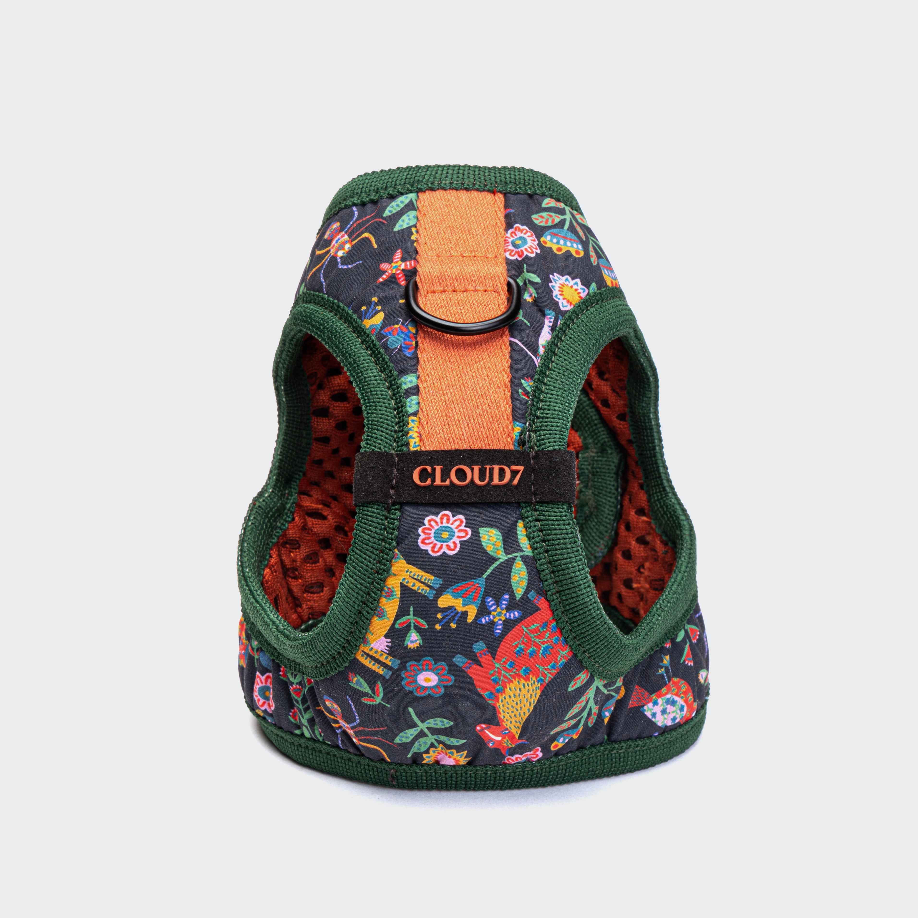 Cloud7 Holly Park step-in dog harness featuring Liberty London floral animal print and orange mesh lining.