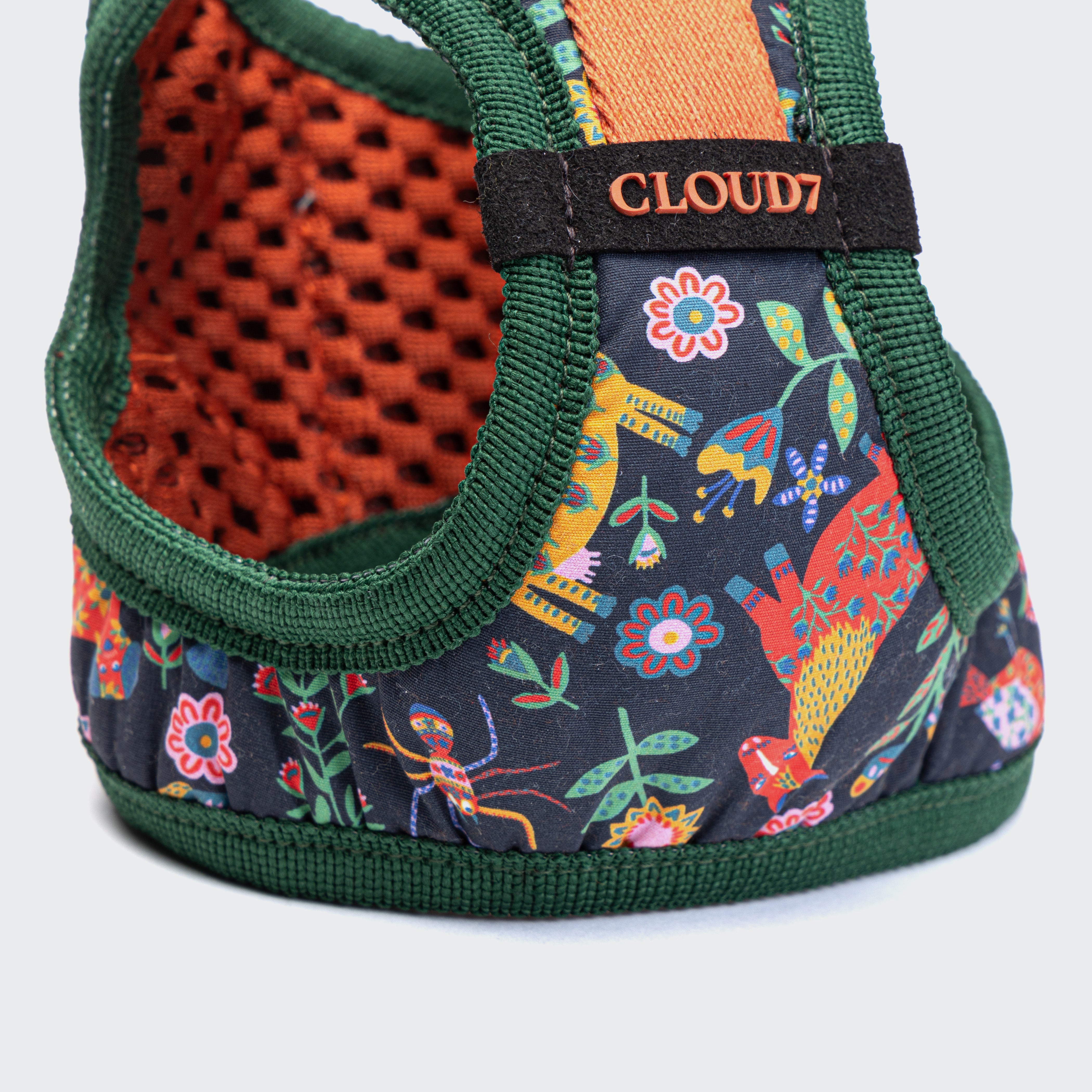 Cloud7 Holly Park step-in dog harness featuring Liberty London floral animal print and orange mesh lining.