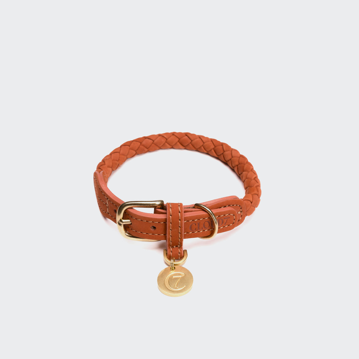 Cloud7 Ravello rust braided leather dog collar with solid brass hardware, showcasing the round nubuck weave design.