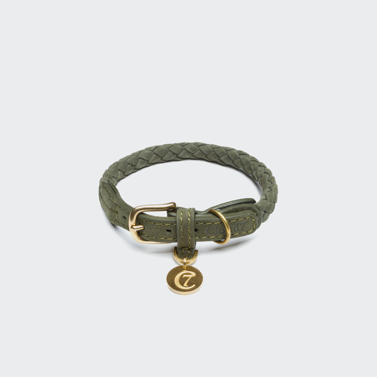 Cloud7 Ravello soft braided nubuck leather dog collar with premium brass hardware detail.