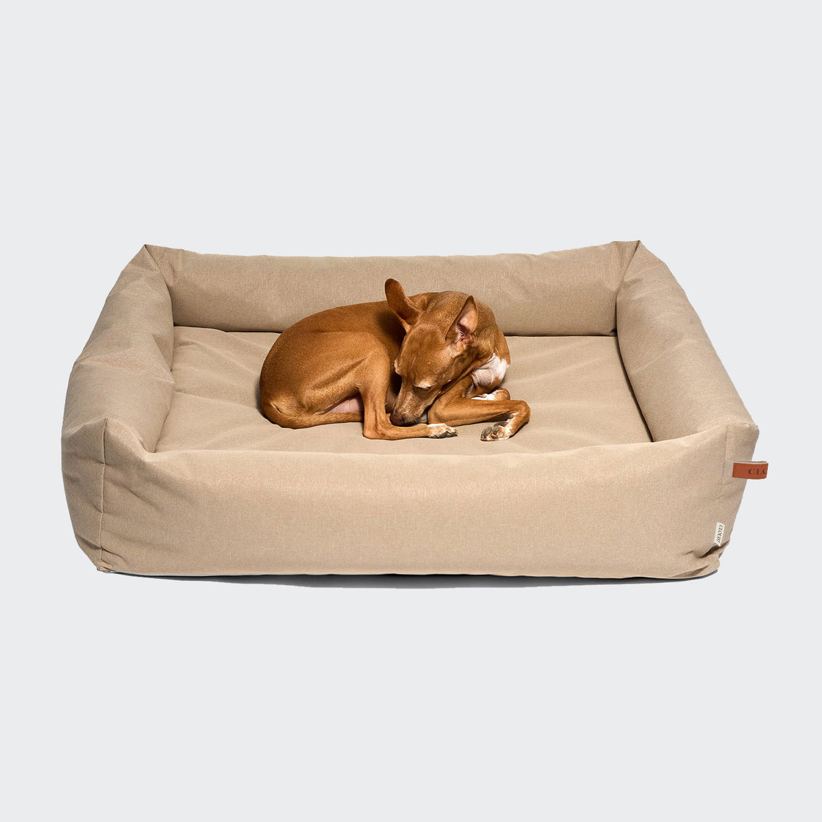 CLOUD7 Sleepy Deluxe indoor and outdoor dog bed with a waterproof cover and protective bolster rim in beige sand.