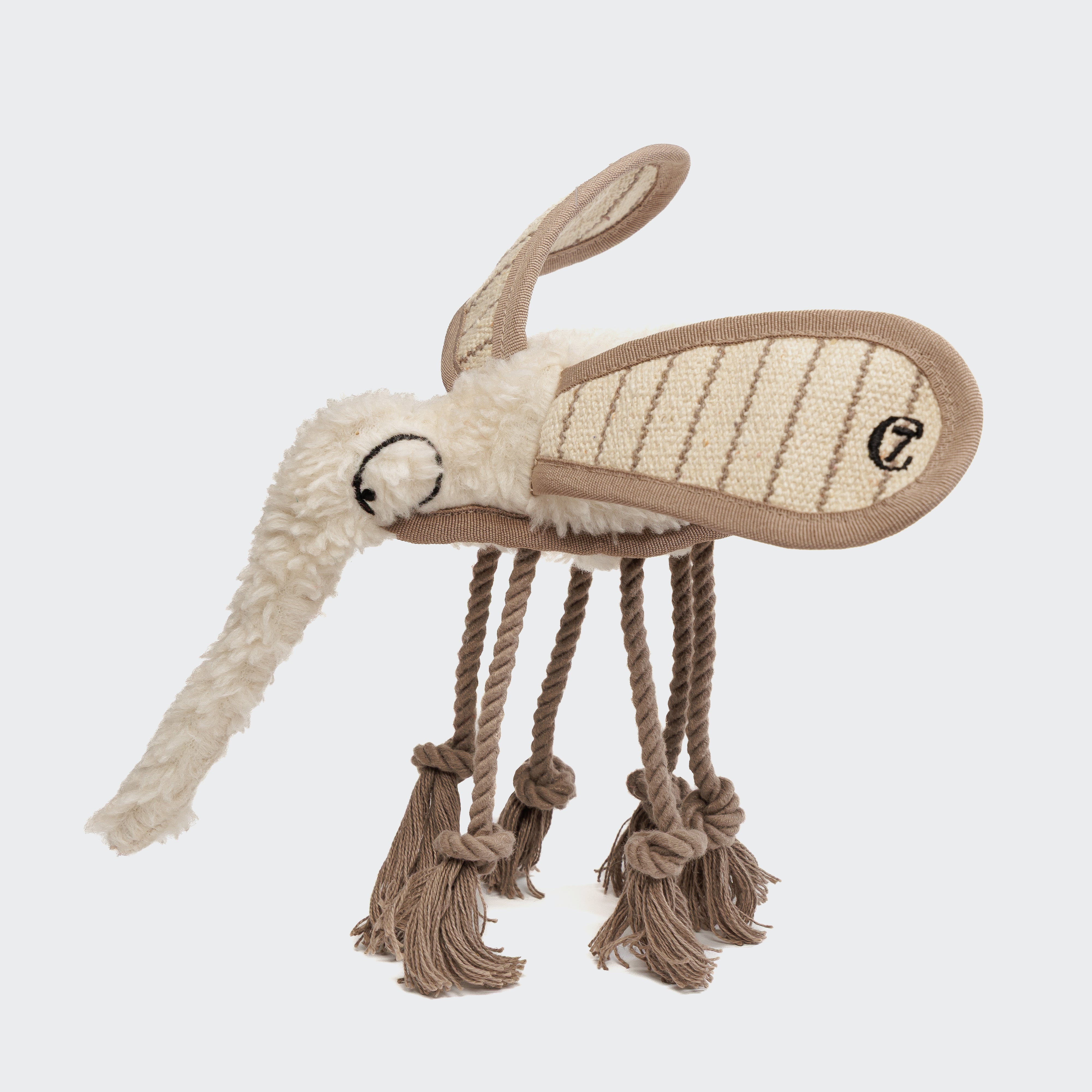 Durable mosquito dog toy featuring crinkle wings and an internal squeaker for sensory play.