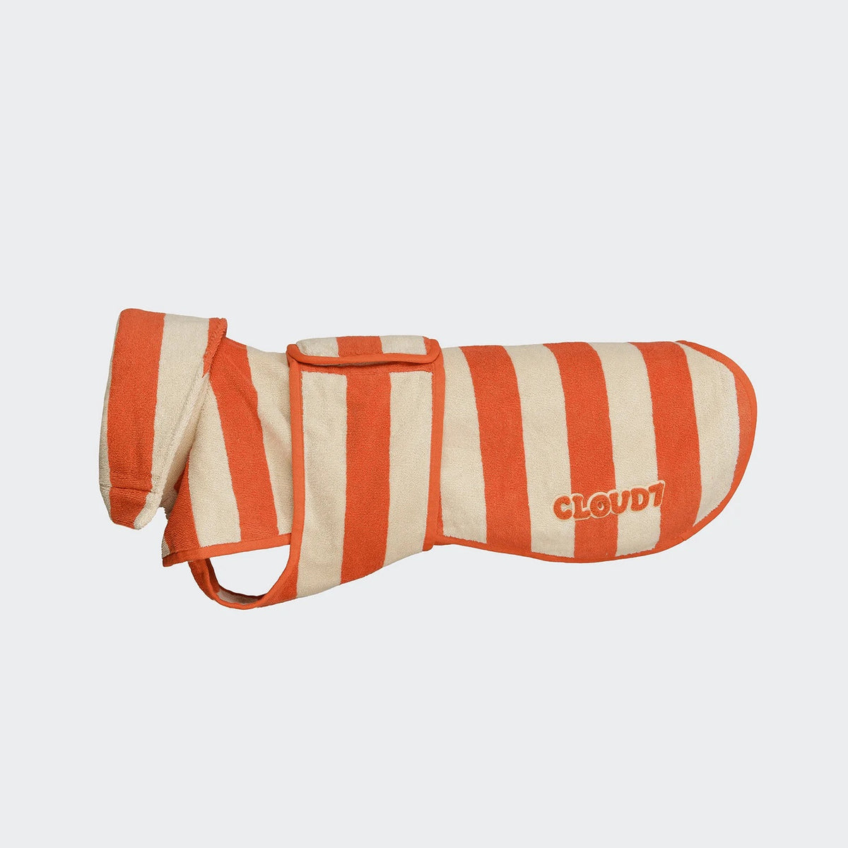 Cloud7 Wannsee dog bathrobe in a beige and orange striped pattern made from absorbent organic cotton terry cloth.
