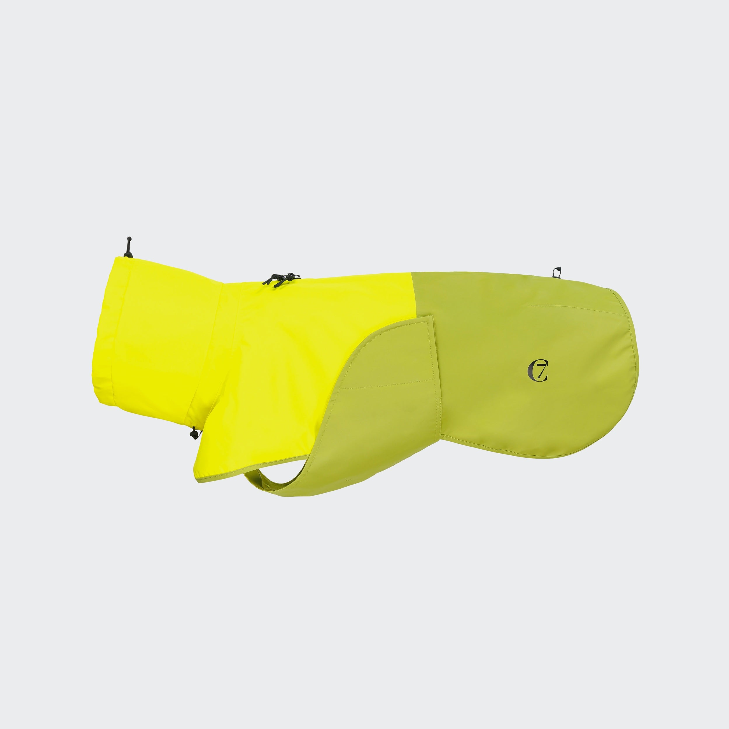 Cloud7 AKTIV reflective dog raincoat in high-visibility color, showcasing the extended shape and relaxed cut for full body coverage on a dog.