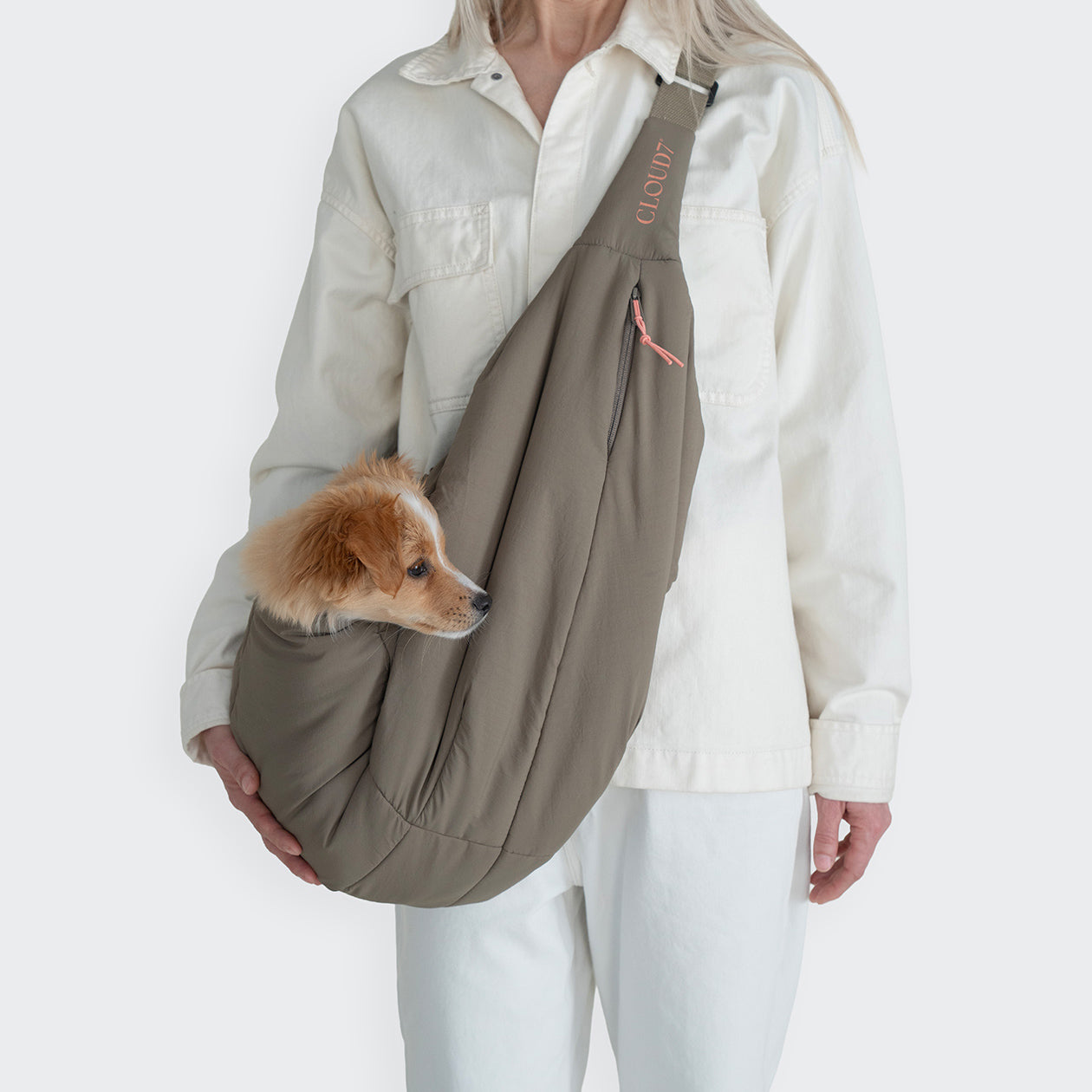 Cloud7 LTTL Khaki/Peach Puffer Dog Sling Bag | Hands-Free Carrier