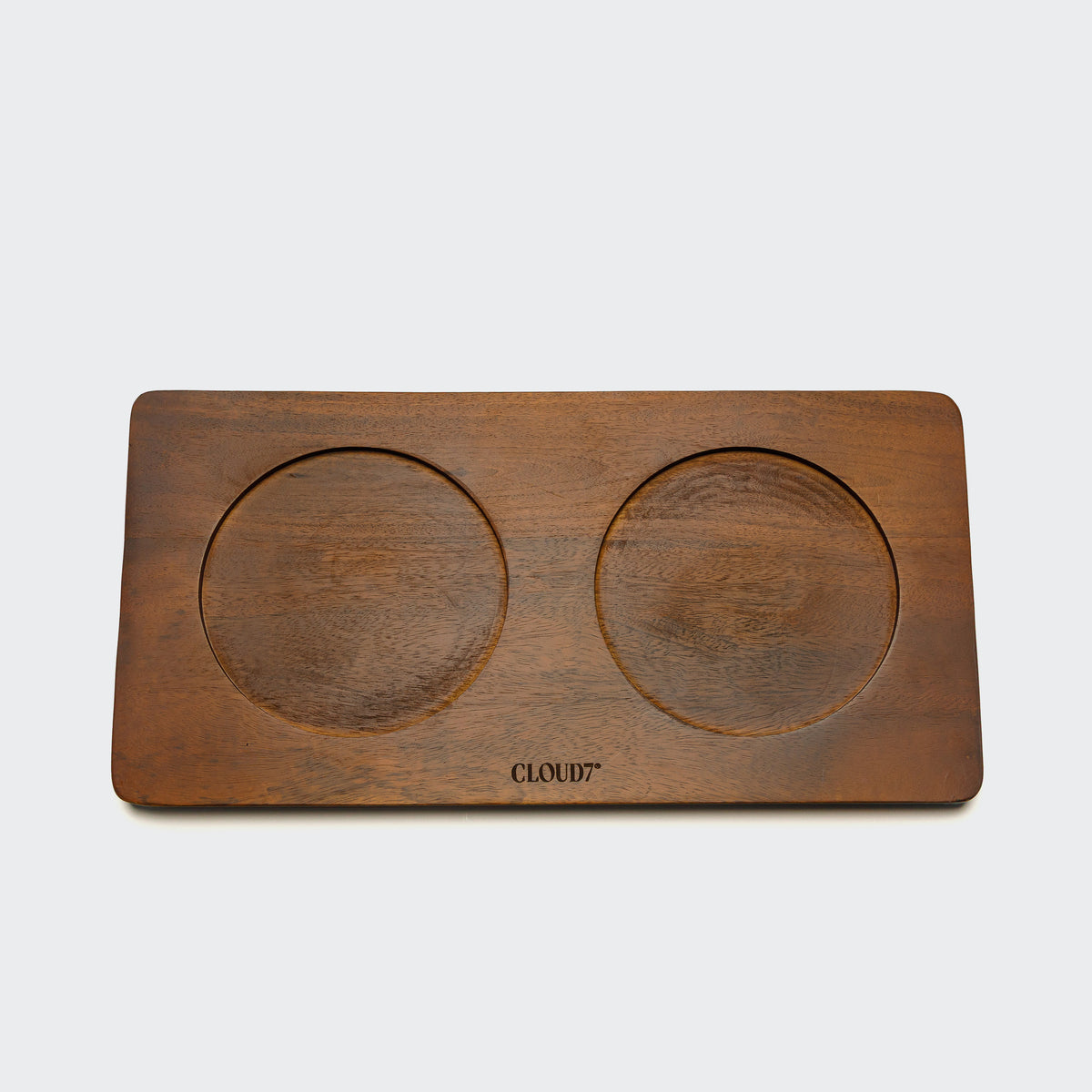 Cloud7 Mauro sustainable mango wood dog feeding station in a dark brown stained finish holding pet bowls medium size