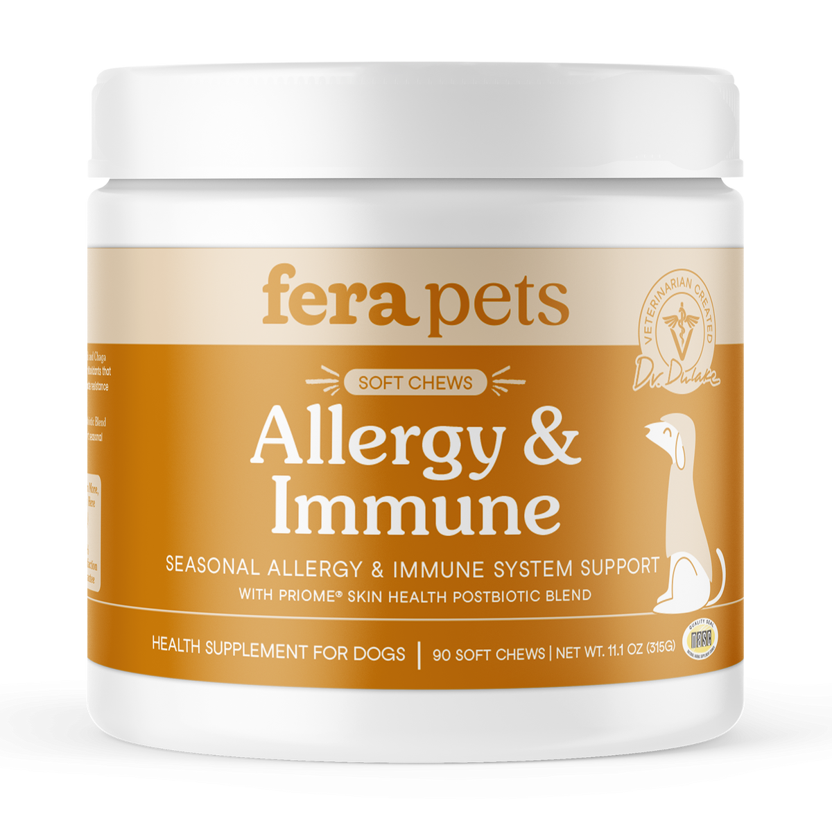 Fera Pets Organic dog allergy soft chews supplement jar for immune support and itchy skin relief