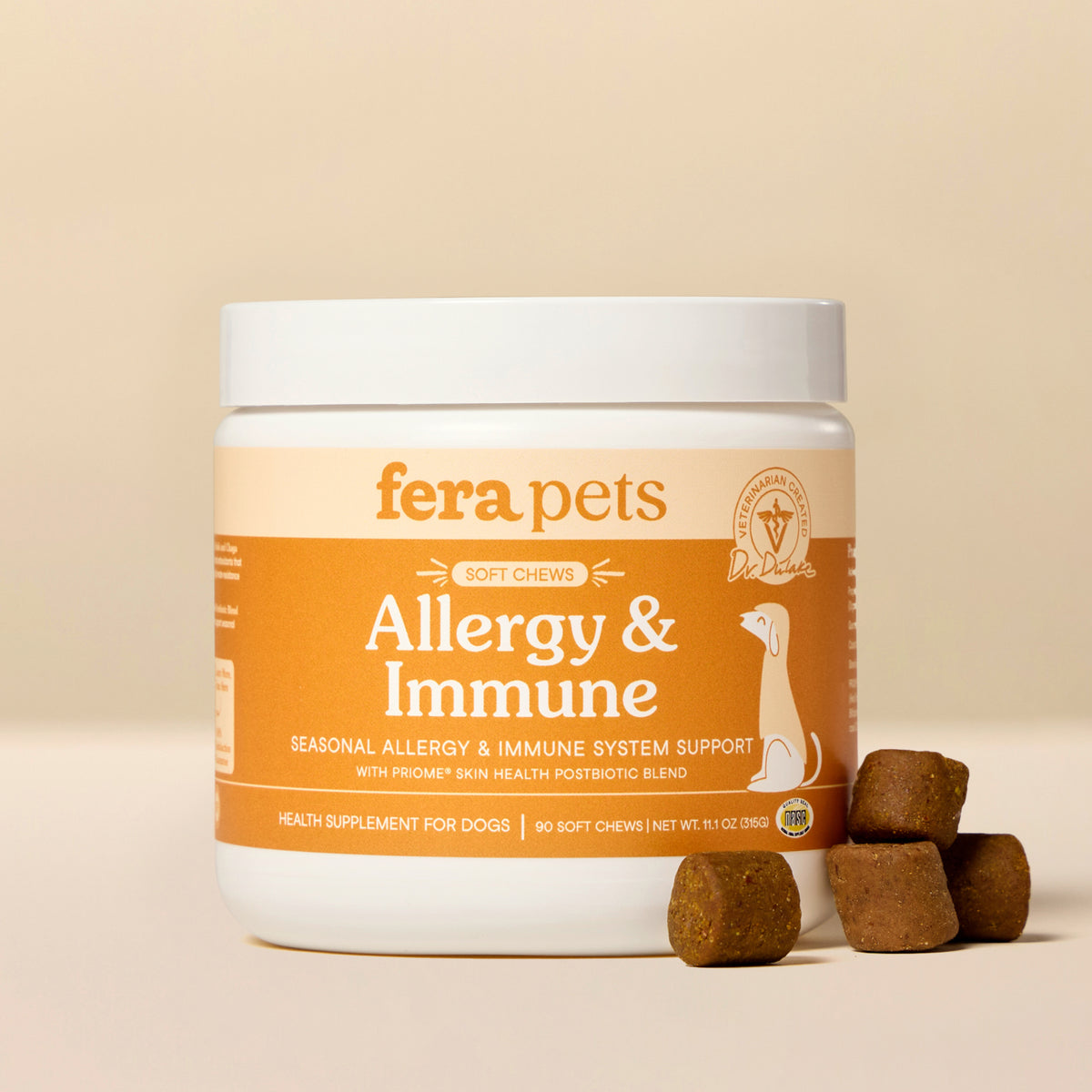 Fera Pets Organic dog allergy soft chews supplement jar for immune support and itchy skin relief