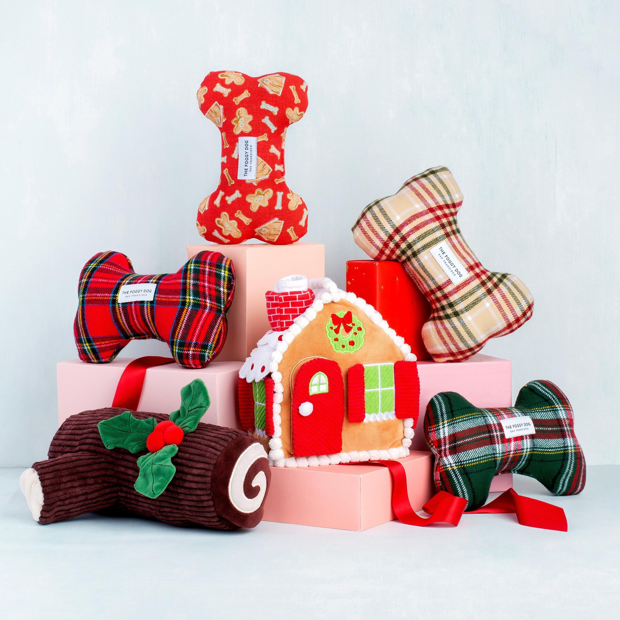 Holiday Squeaky Plush Dog toys, Holly Jolly Plaid Flannel