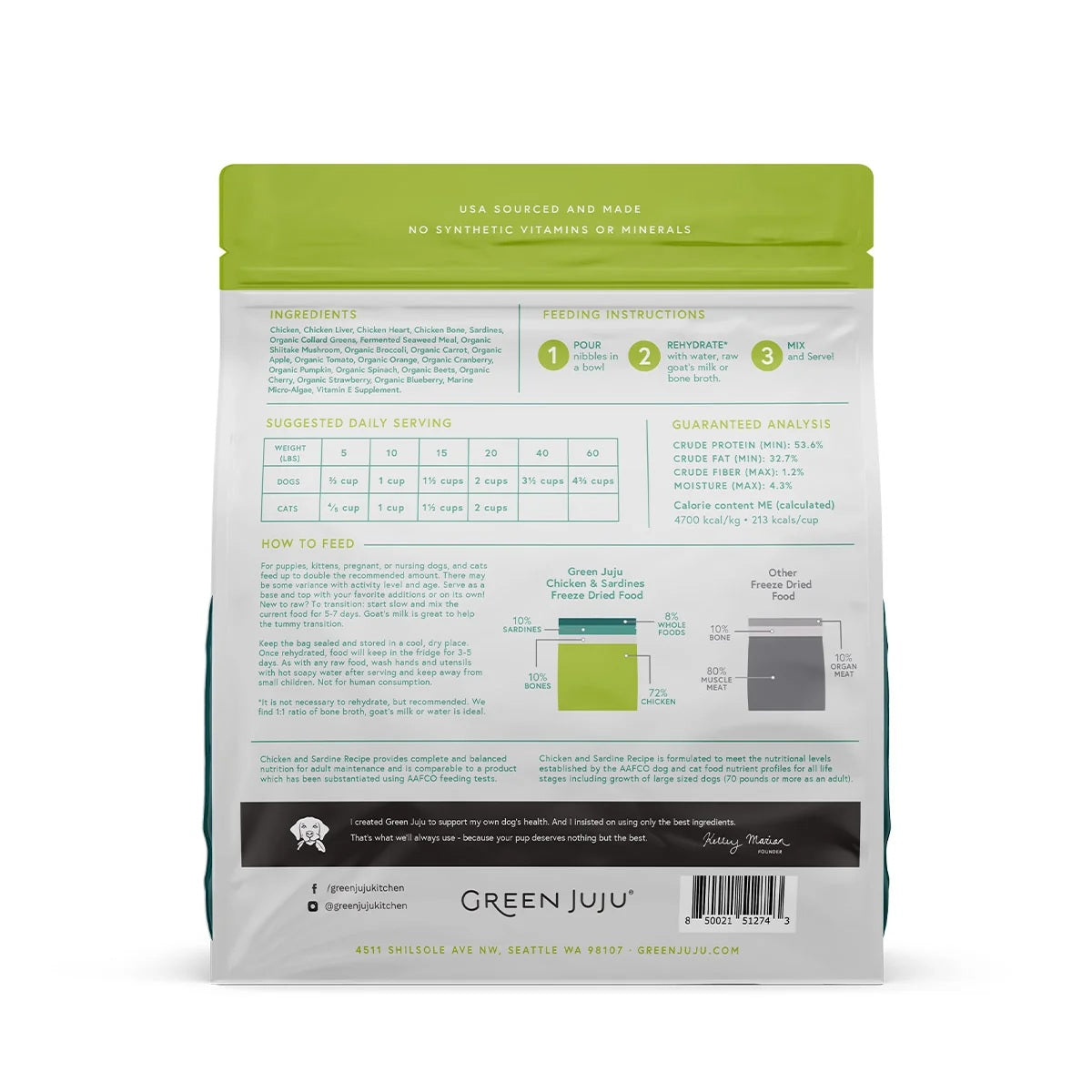 Low-carb Green Juju freeze-dried raw chicken and sardine pet food nuggets rich in antioxidants.