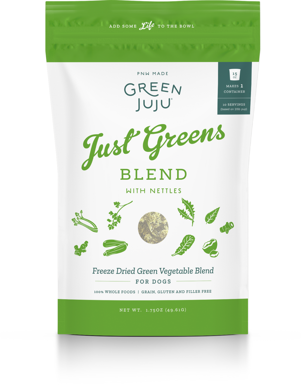 Green Juju shelf-stable freeze-dried green pet food topper pouch, a holistic gut health and constipation supplement for cats and dogs.