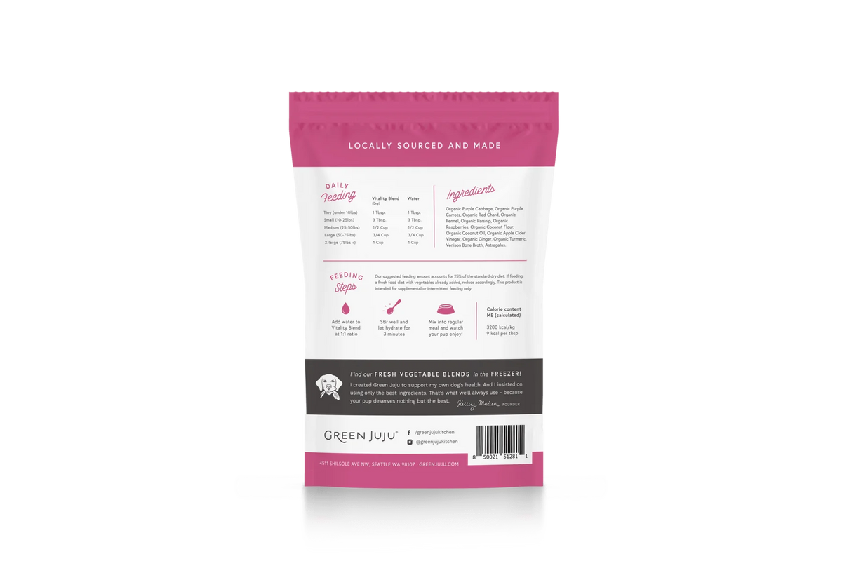 Green Juju purple veggie vitality pet food topper pouch, an adaptogenic gut health and anti-inflammatory supplement for sensitive dogs and cats.