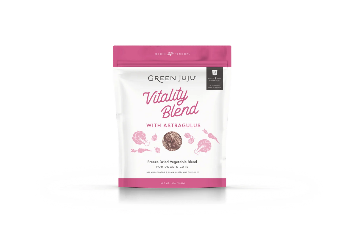 Green Juju purple veggie vitality pet food topper pouch, an adaptogenic gut health and anti-inflammatory supplement for sensitive dogs and cats.