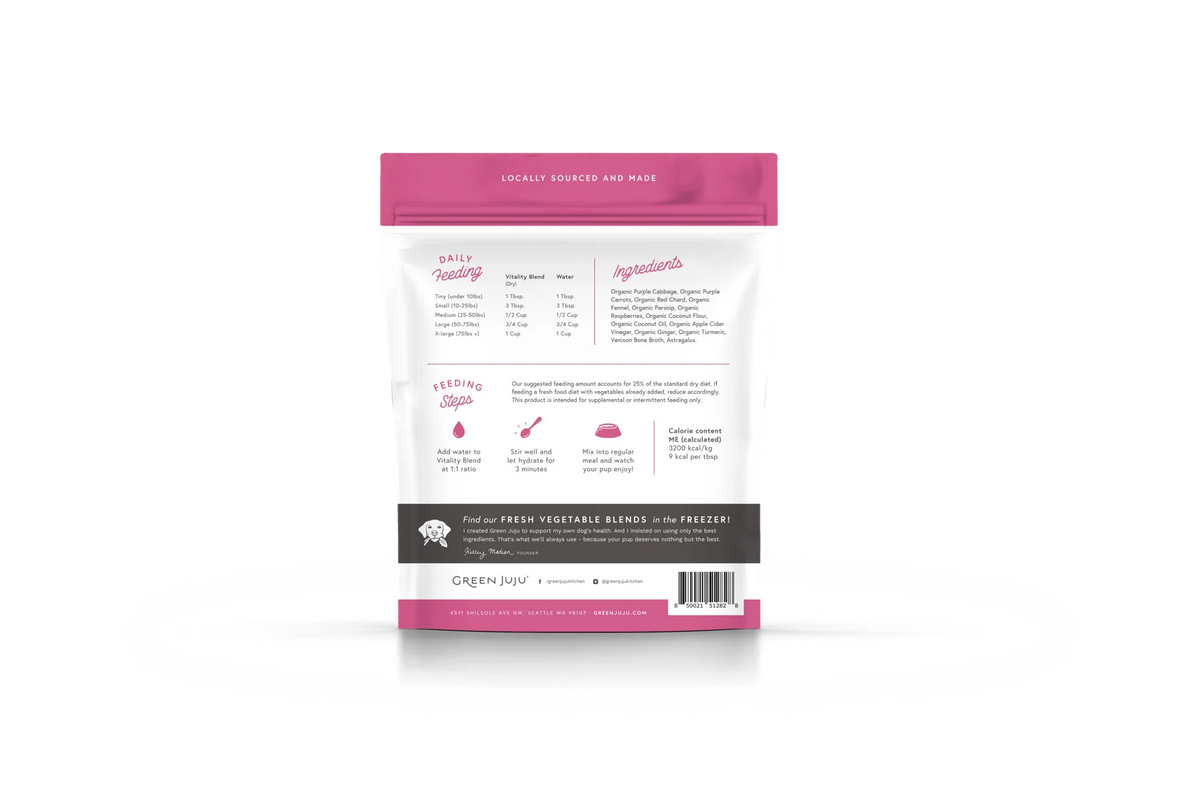 Green Juju purple veggie vitality pet food topper pouch, an adaptogenic gut health and anti-inflammatory supplement for sensitive dogs and cats.