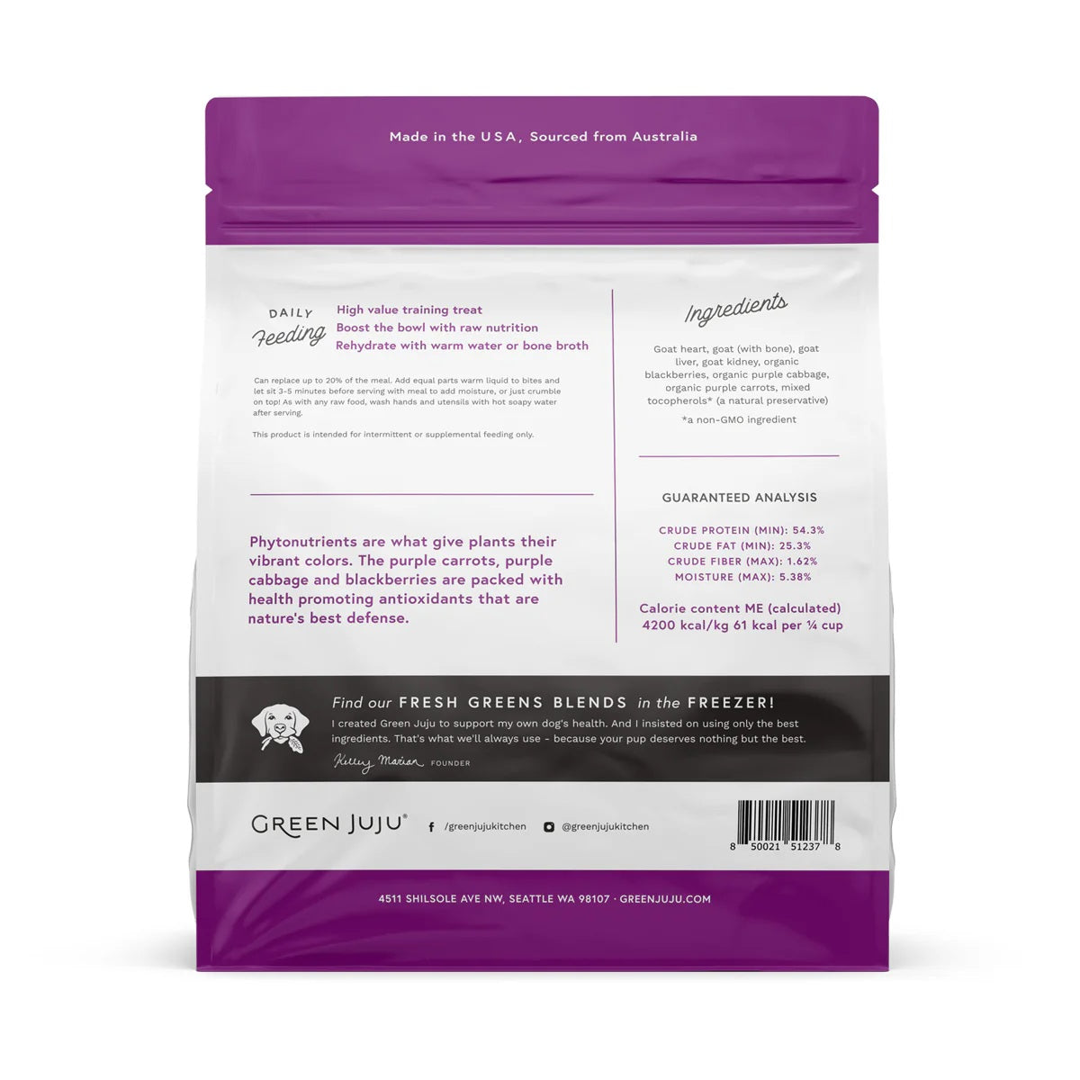 Green Juju Freeze Dried grass fed goat with organic blackberries purple cabbage and carrots pet food supplement