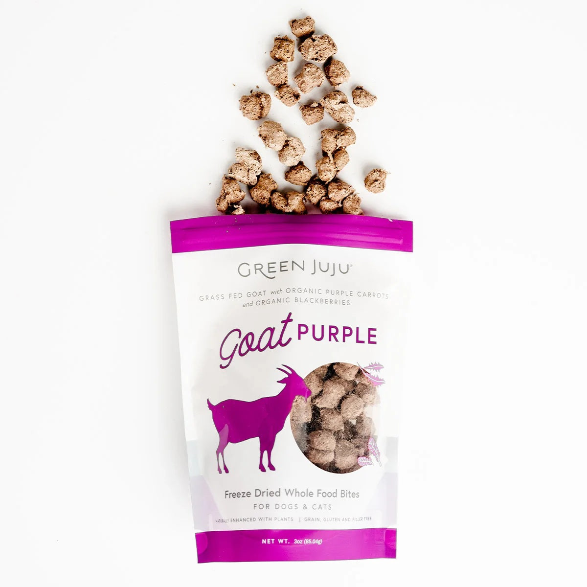 Green Juju Freeze Dried grass fed goat with organic blackberries purple cabbage and carrots pet food supplement