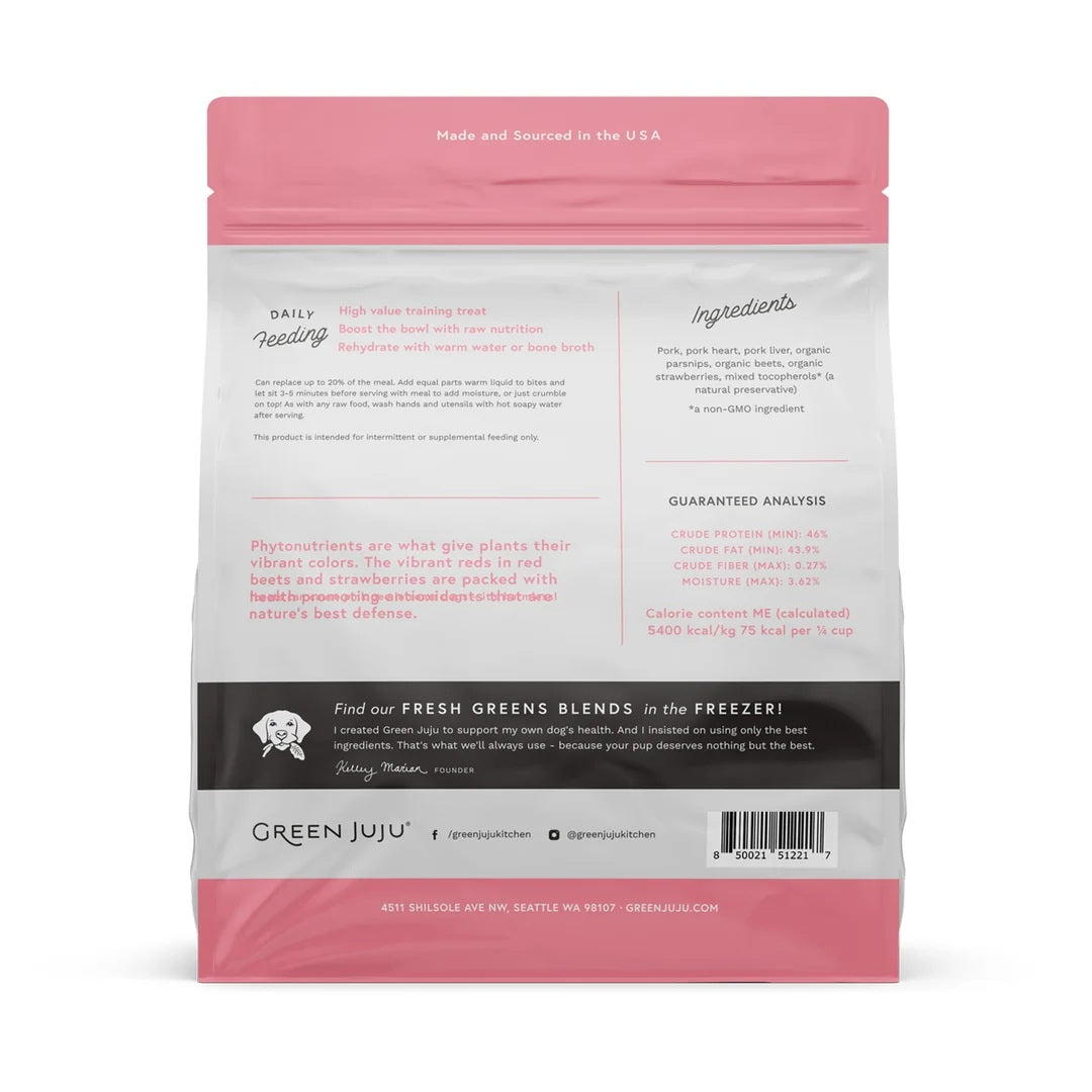 Green Juju Freeze Dried Pork Bites antioxidant rich low carb pork organ treats for pet vitality and immune support