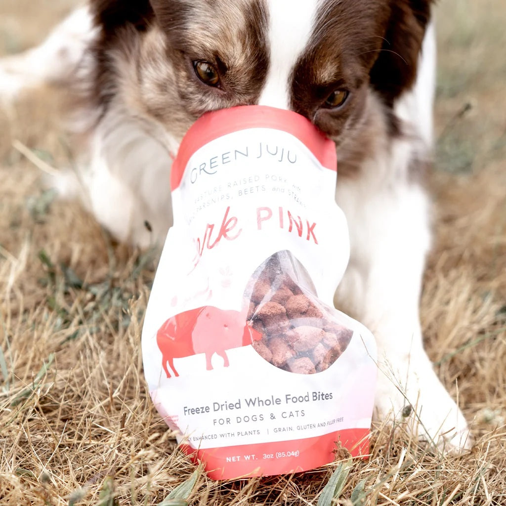 Green Juju Freeze Dried Pork Bites antioxidant rich low carb pork organ treats for pet vitality and immune support