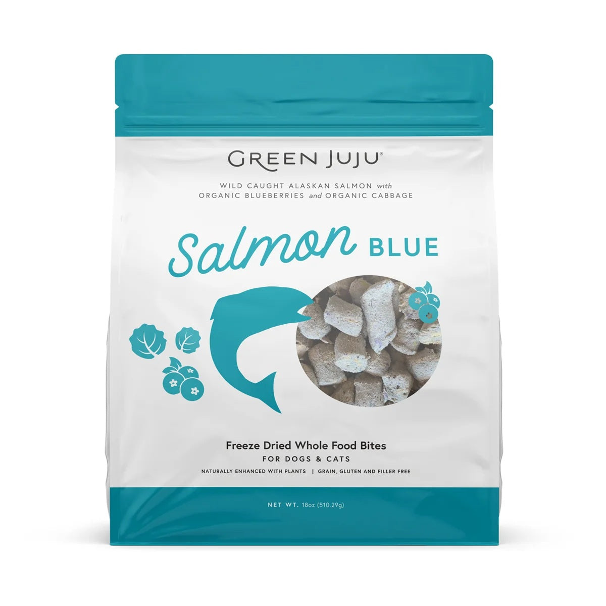 Green Juju Freeze Dried Wild Salmon bites antioxidant rich blueberry and fish organ treats for pet brain and immune support