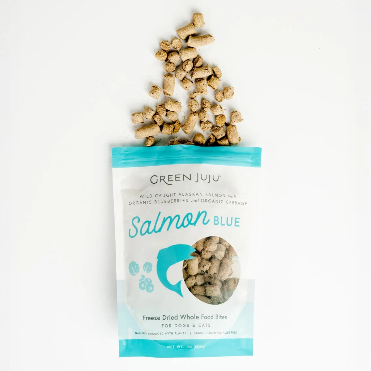 Green Juju Freeze Dried Wild Salmon bites antioxidant rich blueberry and fish organ treats for pet brain and immune support