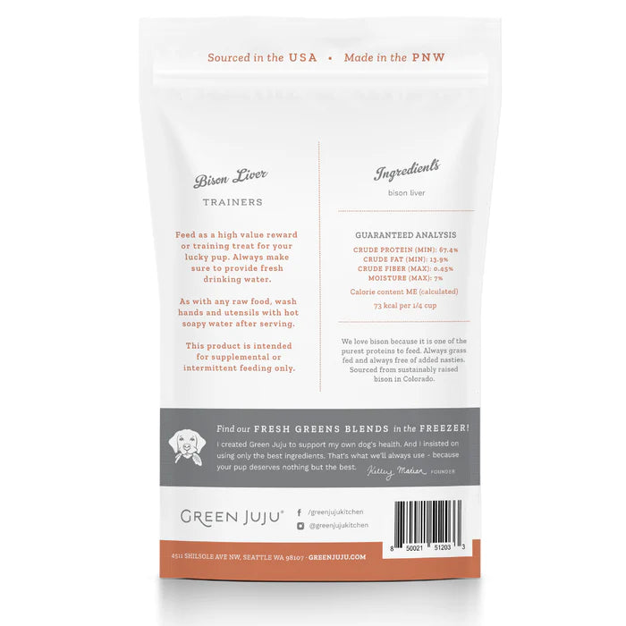 Green Juju freeze-dried bison liver trainers for whole-body vitality, nutrient-dense neutral protein organ treats for training puppies and kittens.
