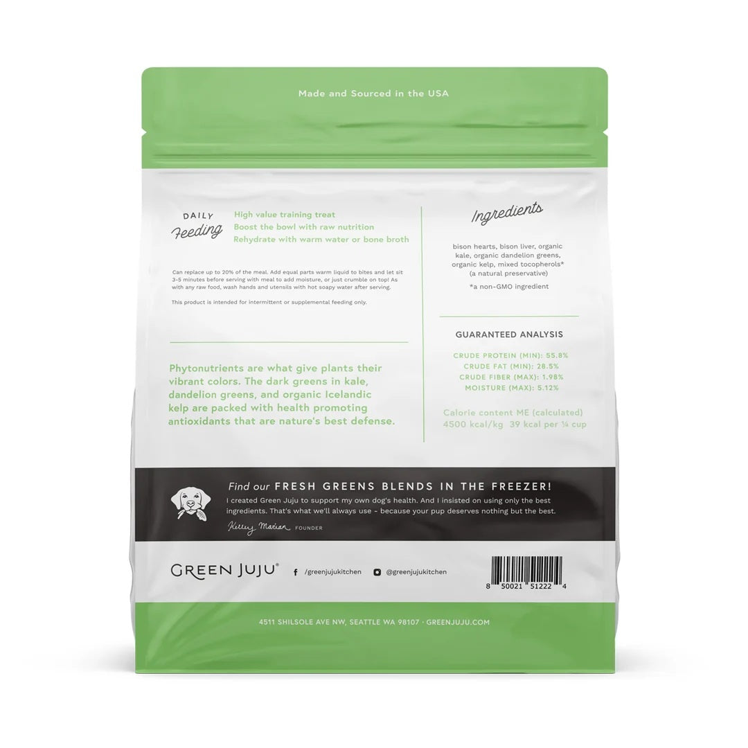 Green Juju Freeze Dried Bison Green Bites antioxidant rich dandelion greens and bison meat treats for pet gut health