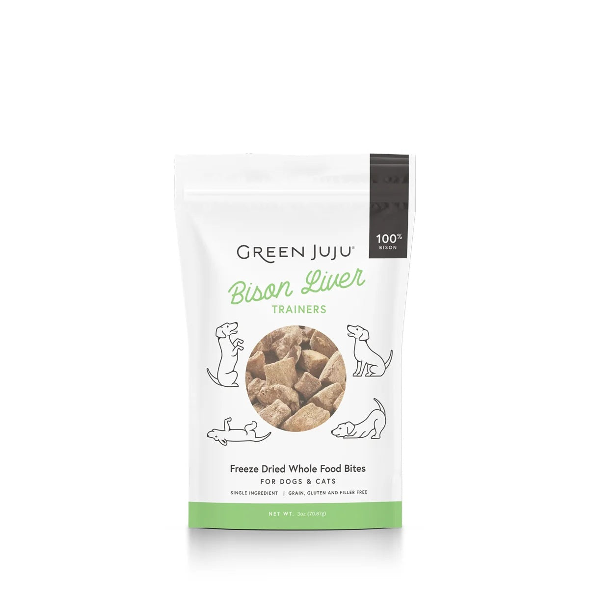 Green Juju freeze-dried bison liver trainers for whole-body vitality, nutrient-dense neutral protein organ treats for training puppies and kittens.